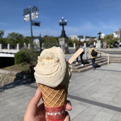 広島の原爆ドームの横で売っていたバニラアイスクリームの写真です