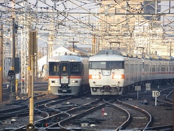 JR東海373系（ホームライナー大垣の退避）と2013年3月の改正で廃車となったJR東海117系の並び。