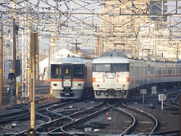 JR東海373系(ホームライナー大垣の退避)と2013年3月の改正で廃車となったJR東海117系の並び。